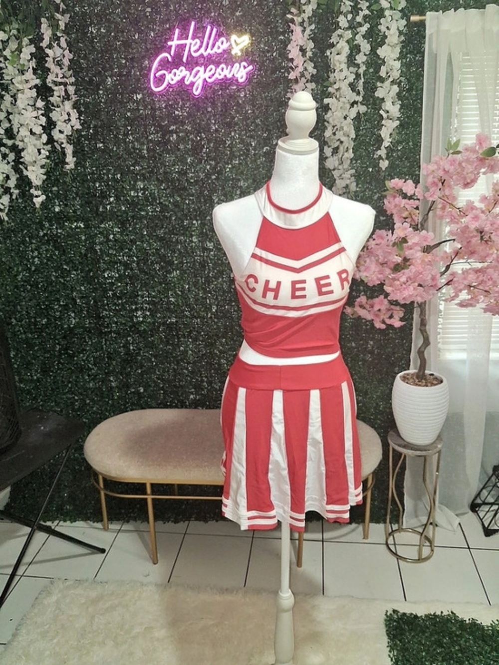 Brand New SHEIN Red & White Cheer Crop Top and Skirt Set Like New Size Medium